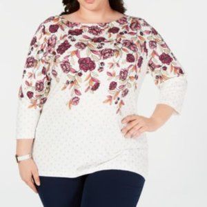 Karen Scott 3/4 Bloom Peony Boat-neck Top